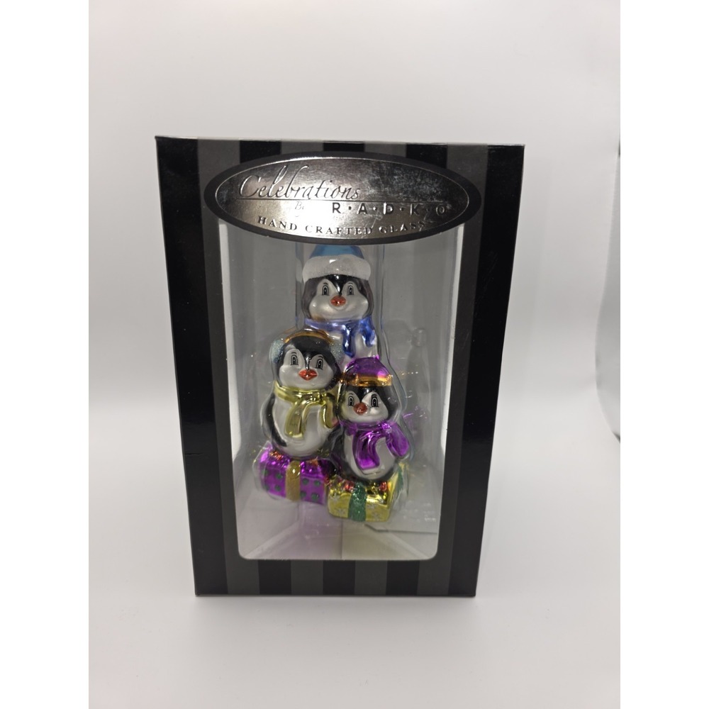 Celebrations by Radko®  2014 Hand Crafted Glass with  3 Penguins & Presents New